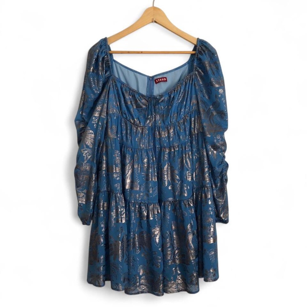 Staud Blue and Silver Long-sleeve Babydoll Dress